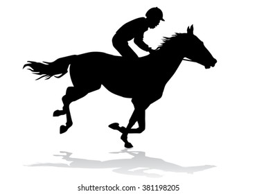 Jockey riding on horseback. Horse racing. Competition. Silhouette on a white background. 