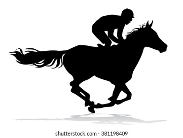 Jockey riding on horseback. Horse racing. Competition. Silhouette on a white background. 