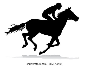 Jockey riding on horseback. Horse racing. Competition. Silhouette on a white background.