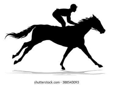 Jockey riding on horseback. Horse racing. Competition. Silhouette on a white background. 