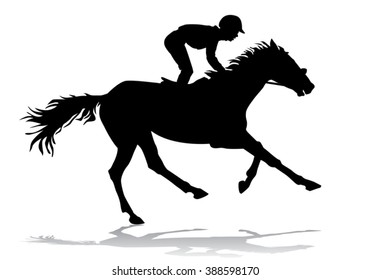 Jockey riding on horseback. Horse racing. Competition. Silhouette on a white background. 