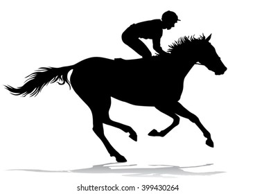 Jockey riding on horseback. Horse racing. Competition. Silhouette on a white background. 