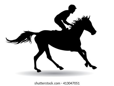 Jockey riding on horseback. Horse racing. Competition. Silhouette on a white background.