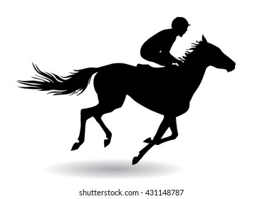 Jockey riding on horseback. Horse racing. Competition. Silhouette on a white background. 