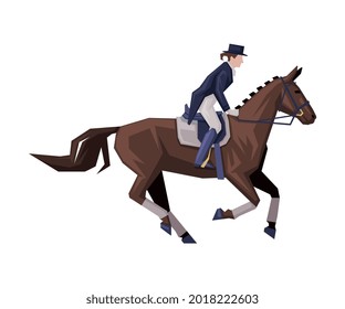 Jockey Riding on Racing Horse, Man Rider Competing in Dressage Vector Illustration