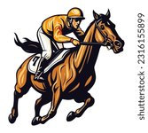 Jockey riding a racehorse, colorful sketch, flat style vector illustration isolated on white background.