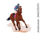 Jockey riding racehorse at fast speed. Equestrian horseman galloping on horse. Equine sport. Horseback rider on stallion in motion, movement. Flat vector illustration isolated on white background