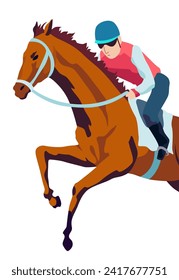 Jockey riding racehorse on a fast speed, flat style vector illustration. Horse racing tournament
