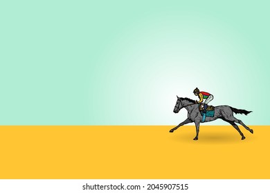 Un jinete montando un caballo en una pista de carreras. Ilustración vectorial dibujada a mano.