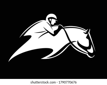 jockey riding racing horse - equestrian sport black and white vector outline emblem