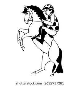 Jockey riding a rearing horse in black and white cartoon style illustration