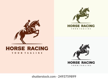 Jockey silhouette of his horse for racing club logo, sport horse racing design vector illustration