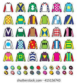 Jockey uniform - jackets, silks and hats, horse riding icons set 