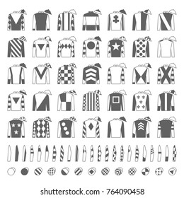 Jockey uniform. Traditional design. Jackets, silks, sleeves and hats. Horse riding. Horse racing. Icons set. Isolated on white. Vector illustration