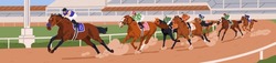 Jockeys Competing On Racehorses On Racetrack. Equestrians, Horse Riders On Hippodrome Track, Galloping On Racecourse, Turf. Equine Sports Competition, Betting Contest. Flat Vector Illustration
