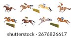 Jockeys and horses jumping over hurdles during steeplechase, colorful vector illustration set