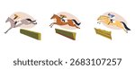Jockeys on horses jumping over obstacles, steeplechase, flat illustration
