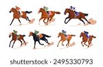 Jockeys on racehorses. Equestrian, horseback sport. Galloping, racing, running horses and riders riding in derby. Horseracing speed. Flat vector illustrations set isolated on white background