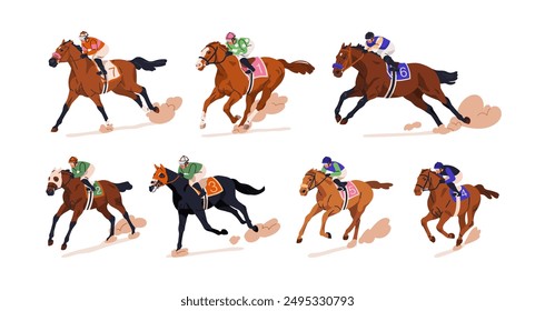 Jinetes en caballos de carreras. Ecuestre, deporte a caballo. Galopar, correr, correr caballos y jinetes montados en derbi. Velocidad de carreras. Conjunto de Ilustraciones vectoriales planas aisladas sobre fondo blanco