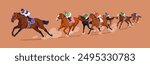 Jockeys on racehorses, equestrian sport competition. Equine riders competing on racecourse with galloping running horses at fast speed. Horseracing rivalry. Horsemen contest. Flat vector illustration