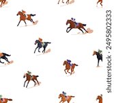 Jockeys on running racing horses, seamless pattern. Endless repeating print, racehorses in action, galloping. Equestrian sport, horseracing background for wrapping, textile. Flat vector illustration