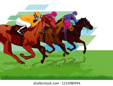 Jockeys with racehorses on the racetrack