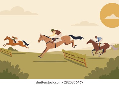 Jockeys ride racehorses jumping hedges during a steeplechase across a sunny countryside landscape