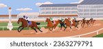 Jockeys riding horses on race track. Equestrians on racehorses competing on racetrack, running at fast speed on racecourse, hippodrome, turf. Equine sports competitions. Flat vector illustration