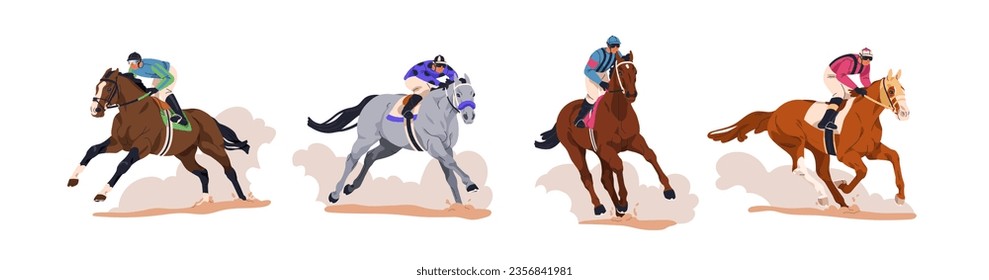 Jockeys riding race horses set. Equestrians horsemen sitting horseback, riding racehorses, running at fast speed, galloping. Equine sport. Flat graphic vector illustration isolated on white background