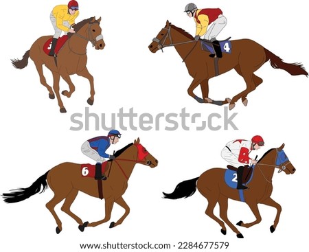 jockeys riding race horses - vector color illustration
