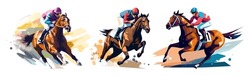 Jockeys Riding Racehorses On A Fast Speed, Set Of Flat Style Vector Illustrations, Isolated On White Background.