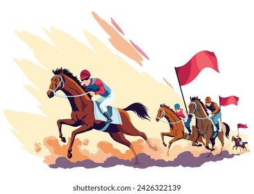 Jockeys riding racehorses on a fast speed, flat style vector illustration. Horse racing tournament