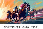 Jockeys sprinting on horses, perspective view flat style colorful vector illustration.