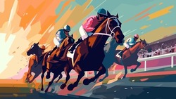 Jockeys Sprinting On Horses, Perspective View Flat Style Colorful Vector Illustration.