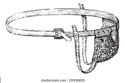 Jockstrap or Athletic supporter with elastic waistband, vintage engraved illustration. Usual Medicine Dictionary by Dr Labarthe - 1885.