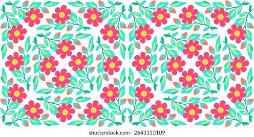Jocund padrão sem emenda de flores em estilo folclórico. Ornamento de planta quadrada rica. Decoração floral de verão. Elemento de design quadrado de flores turquesa vermelhas sobre fundo branco