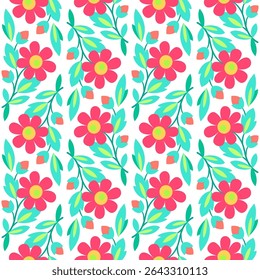 Jocund padrão sem emenda de flores em estilo folclórico. Ornamento de planta rico positivo. Decoração linear floral de verão. Elemento de design de flores azuis vermelhas sobre fundo branco