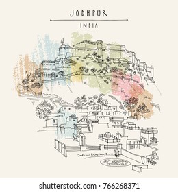 Jodhpur Blue City and Mehrangarh fort on a hill. Jodhpur, Rajasthan, India. Artistic travel sketch. Hand drawn postcard, poster, book illustration in vector