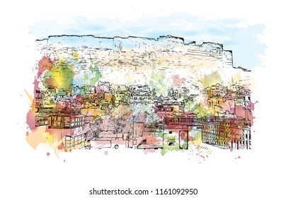 Jodhpur is a city of the northwest Indian state of Rajasthan. Its 15th-century Mehrangarh Fort is a former palace that is now a museum. Watercolor splash with Hand drawn sketch illustration in vector.