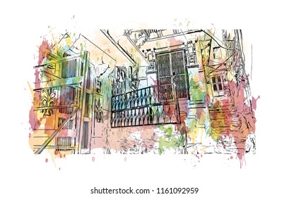 Jodhpur is a city of the northwest Indian state of Rajasthan. Its 15th-century Mehrangarh Fort is a former palace that is now a museum. Watercolor splash with Hand drawn sketch illustration in vector.