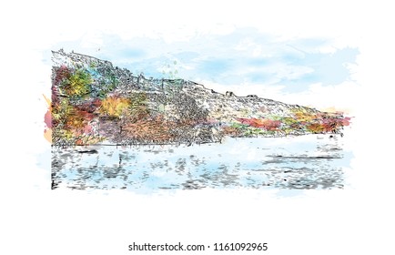 Jodhpur is a city of the northwest Indian state of Rajasthan. Its 15th-century Mehrangarh Fort is a former palace that is now a museum. Watercolor splash with Hand drawn sketch illustration in vector.