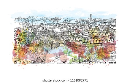 Jodhpur is a city of the northwest Indian state of Rajasthan. Its 15th-century Mehrangarh Fort is a former palace that is now a museum. Watercolor splash with Hand drawn sketch illustration in vector.