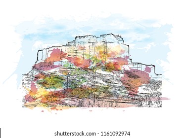 Jodhpur is a city of the northwest Indian state of Rajasthan. Its 15th-century Mehrangarh Fort is a former palace that is now a museum. Watercolor splash with Hand drawn sketch illustration in vector.