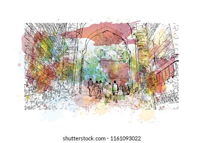 Jodhpur is a city of the northwest Indian state of Rajasthan. Its 15th-century Mehrangarh Fort is a former palace that is now a museum. Watercolor splash with Hand drawn sketch illustration in vector.