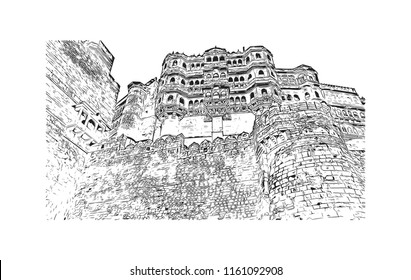 Jodhpur is a city in the Thar Desert of the northwest Indian state of Rajasthan. Its 15th-century Mehrangarh Fort is a former palace that is now a museum. Hand drawn sketch illustration in vector.