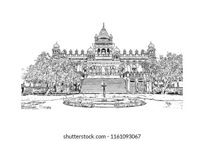 Jodhpur is a city in the Thar Desert of the northwest Indian state of Rajasthan. Its 15th-century Mehrangarh Fort is a former palace that is now a museum. Hand drawn sketch illustration in vector.