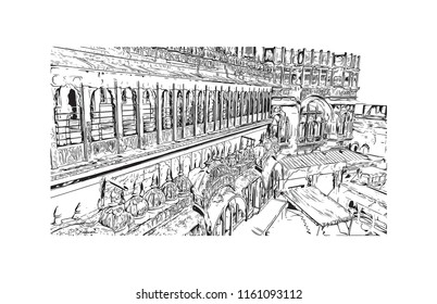 Jodhpur is a city in the Thar Desert of the northwest Indian state of Rajasthan. Its 15th-century Mehrangarh Fort is a former palace that is now a museum. Hand drawn sketch illustration in vector.