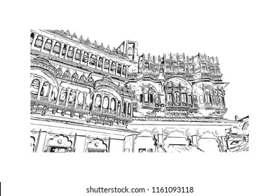 Jodhpur is a city in the Thar Desert of the northwest Indian state of Rajasthan. Its 15th-century Mehrangarh Fort is a former palace that is now a museum. Hand drawn sketch illustration in vector.