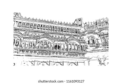 Jodhpur is a city in the Thar Desert of the northwest Indian state of Rajasthan. Its 15th-century Mehrangarh Fort is a former palace that is now a museum. Hand drawn sketch illustration in vector.