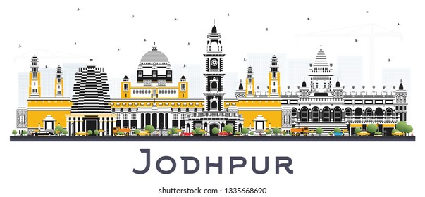 Jodhpur India City Skyline with Color Buildings Isolated on White. Vector Illustration. Business Travel and Concept with Historic Architecture. Jodhpur Cityscape with Landmarks. 